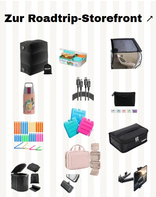 Roadtrip-Storefront Collage mit praktischen Produkten für lange Autofahrten mit Kindern, darunter Fußstütze, Organizer, Trinkflasche und Campingklo