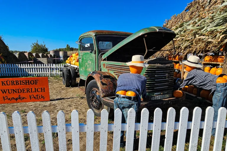 Grüner Oldtimer mit Kürbisfiguren am Kürbishof Wunderlich mit Kind