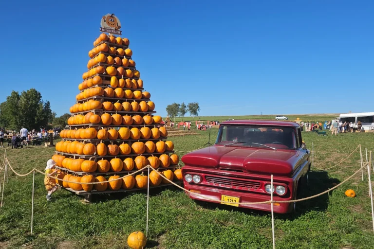 Kürbhishof Wunderlich mit Kind - roter Oldtimer mit Kürbispyramide