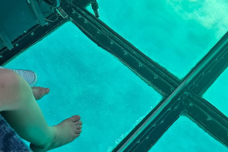 Kind schaut durch das Glasbodenboot ins Meer vor Key Largo – Ausflug während der Florida Rundreise mit Familie