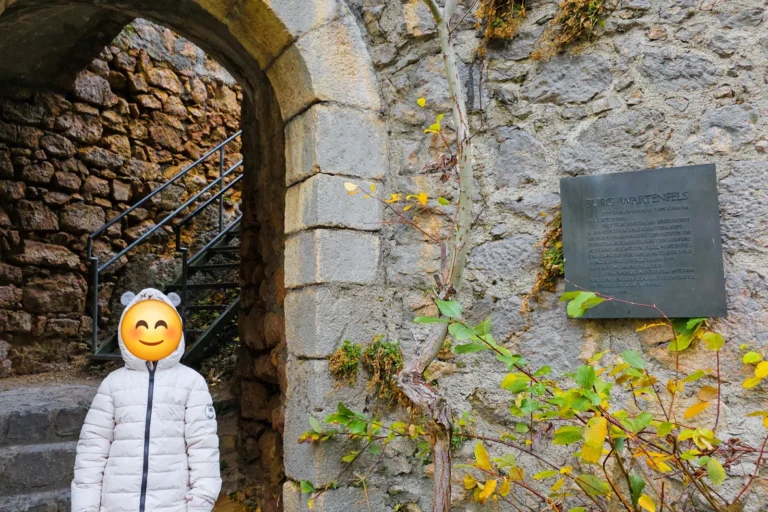 Eingangstor der Burgruine Wartenfels mit Infotafel und Steinmauer