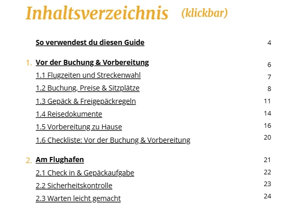 Fliegen mit Kind, interaktives Inhaltsverzeichnis
