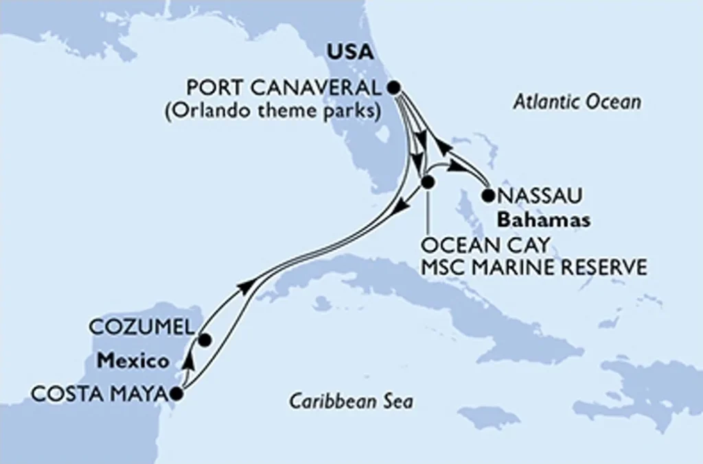 Route der Karibik Kreuzfahrt ab Port Canaveral zu den Bahamas und nach Mexiko (MSC Cruises)