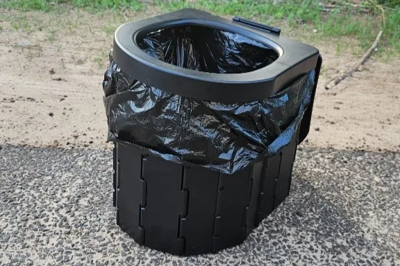 Detailansicht eines faltbaren Camping-Klos mit eingelegtem Müllbeutel im Freien.